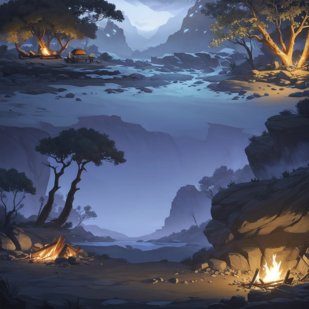 concept art, Horizontal Scene, horizon composition, There are no humans, sight, tree, night, cave, rock, bonfire, Agung Yi, outdoor camping,