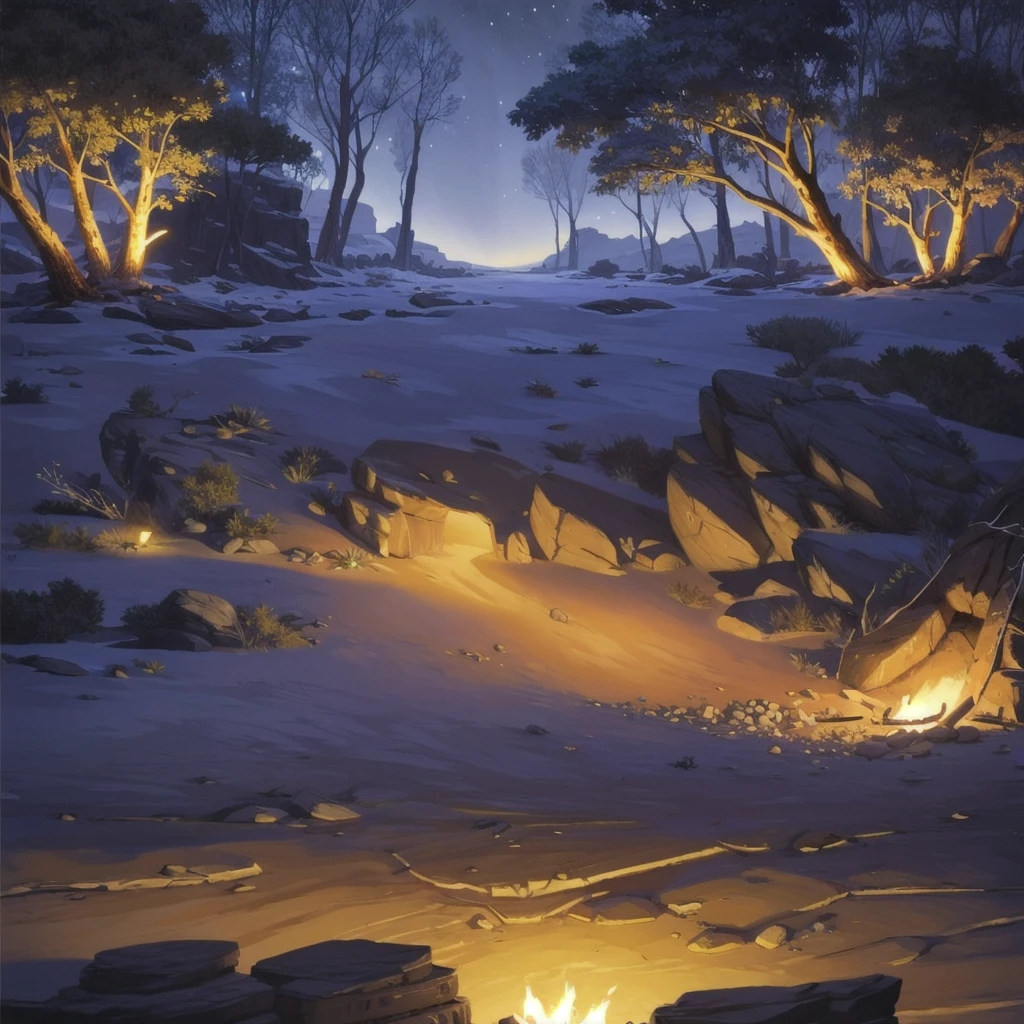 concept art, Horizontal Scene, horizon composition, There are no humans, sight, tree, night, cave, rock, bonfire, Agung Yi, outdoor camping,
