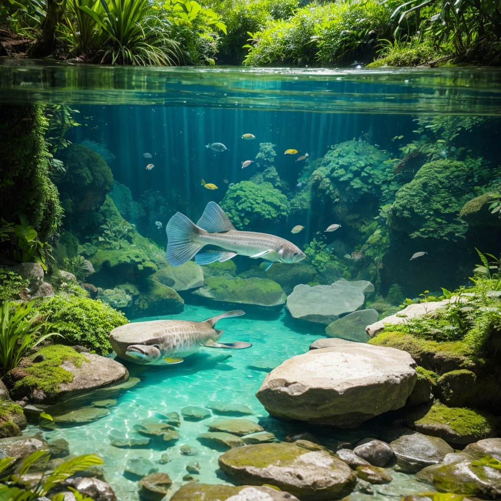 「A realistic image of a huchen swimming in a clear stream in Hokkaido。Features:
Body length 1〜1.5メートルの細長い体型
大きな顎と鋭い歯
銀緑色から茶色の体にFeatures的な暗い斑点
小さな鱗と大きな尾びれ
産卵期には赤みがかった鰭
背景:
The rocky riverbed visible through the clear water Plants hanging from the riverbank Sunlight filtering through the water surface Ancient fish-like appearance、Expressing the rarity of an endangered species。The power of a large predator、At the same time, it conveys the vulnerability of an endangered species.。」