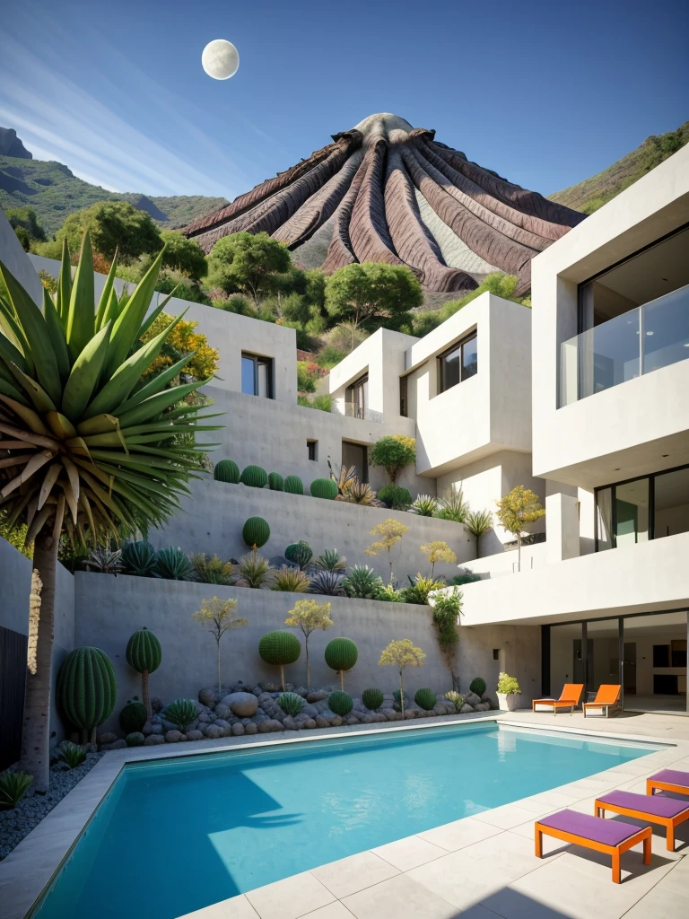 Multiple houses, brutalism style, Luis Barragán, Mountains in background, river, pool, terraces, stairs, garden terraces, trees, beautiful clouds, moon, sun, detailed, cacti, boulders, volcanic rocks, fuggy, Violet, orange, olive green, blue, magenta, amazing volcano in horizont, beautiful garden design