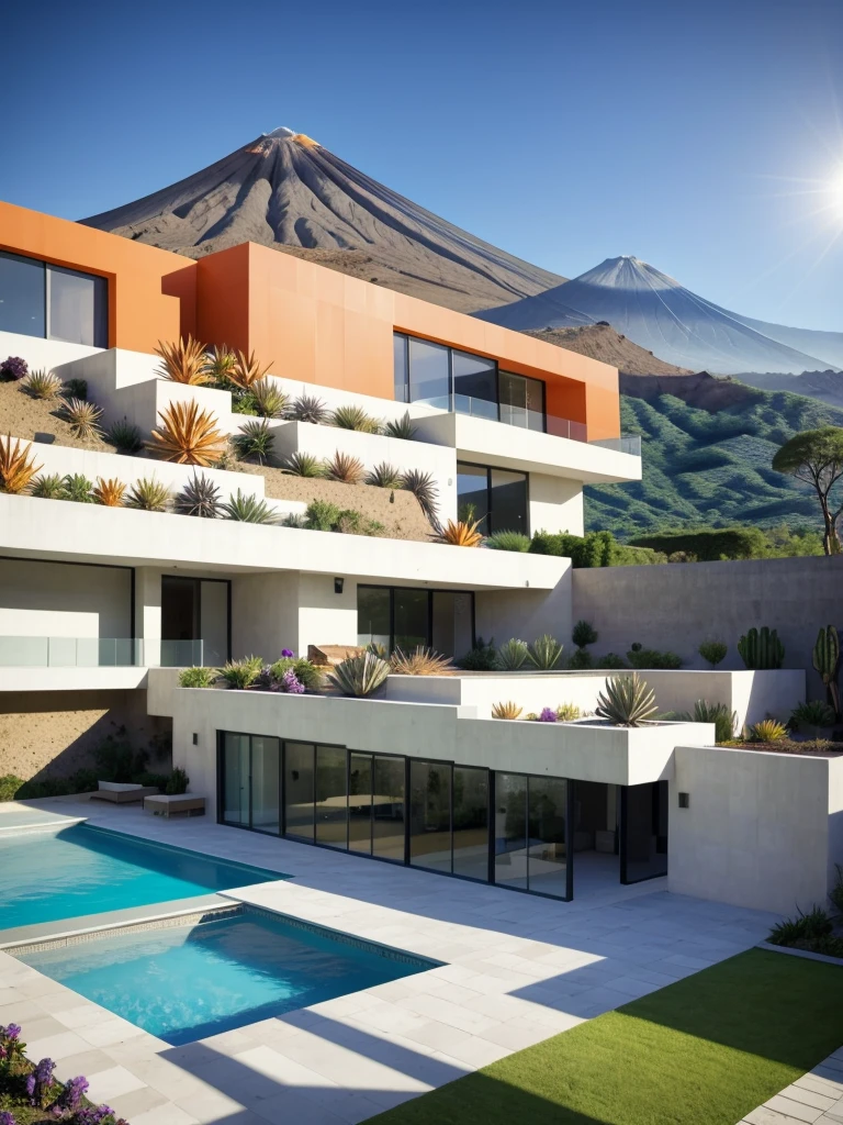 Multiple houses, brutalism style, Luis Barragán, Mountains in background, river, pool, terraces, stairs, garden terraces, trees, beautiful clouds, moon, sun, detailed, cacti, boulders, volcanic rocks, fuggy, Violet, orange, olive green, blue, magenta, amazing volcano in horizont, beautiful garden design