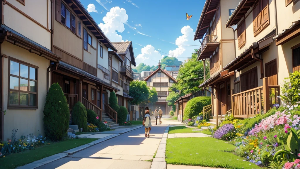 Studio ghibli, neighborhood with many flower beds, shot from the street, walking a cat and flying butterflies