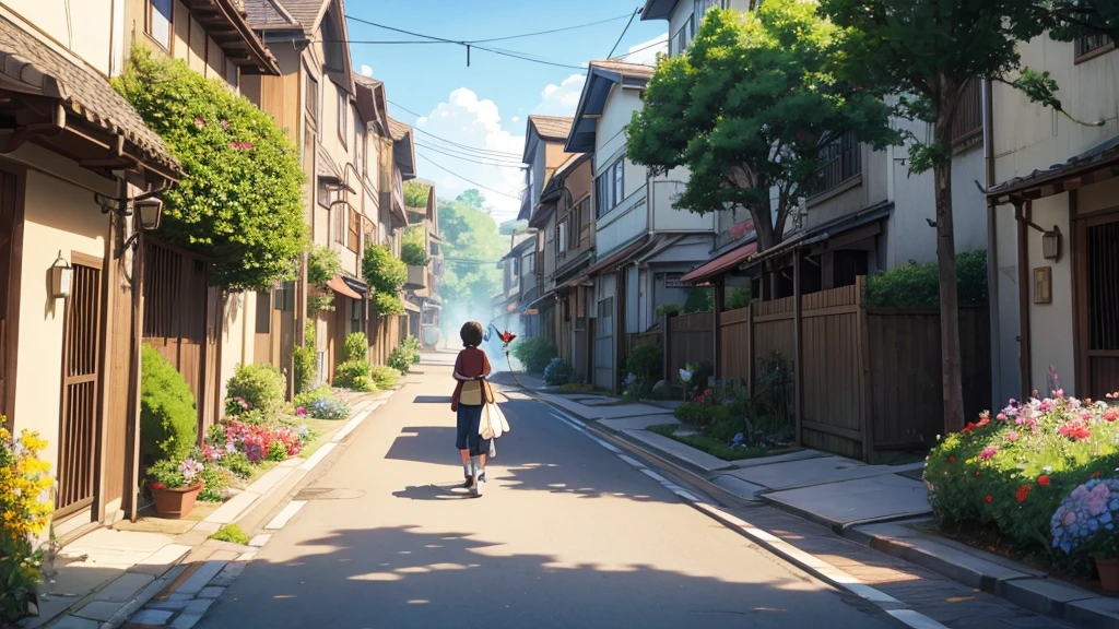 Studio ghibli, neighborhood with many flower beds, shot from the street, walking a cat and flying butterflies