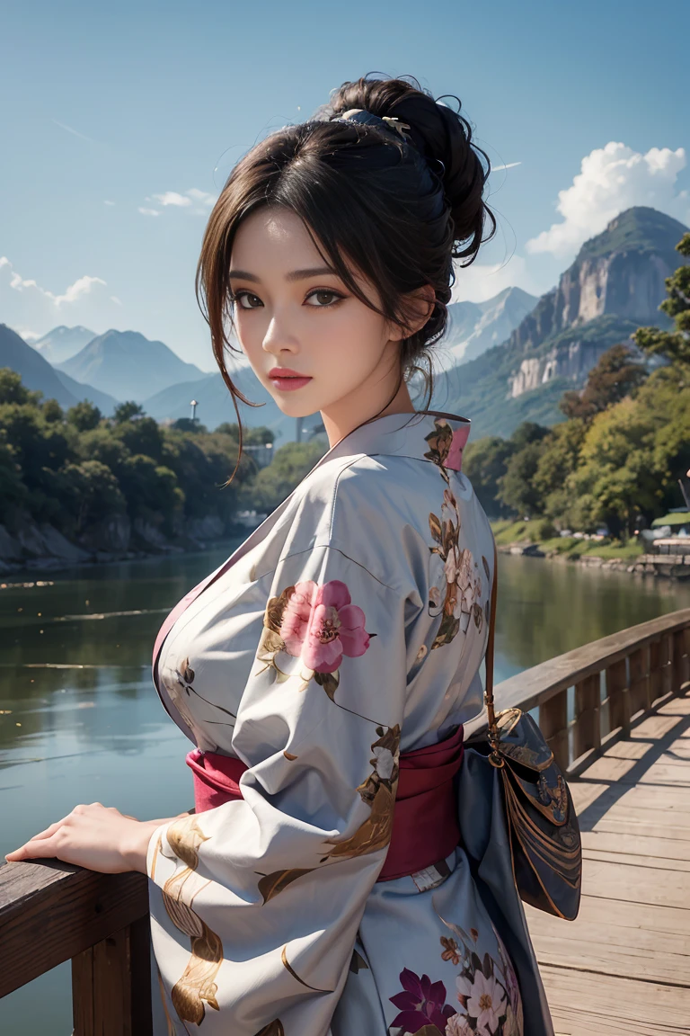 (Highest quality、 8k 、masterpiece、High resolution)、(whole body)、Vibrant colors、Brown-black bob、Traditional round topknot、Ample breasts、(Highly detailed face and eyes、Beautiful Face、Beautiful Eyes、Beautiful nose、Pretty lips)、 (Beautiful woman standing on a riverside observation deck)、(Vivid floral patterned kimono)、Official Art、  The background is a wide river、Nearby bridge、Riverside streetscape、Mountains in the distance、Detailed CG、