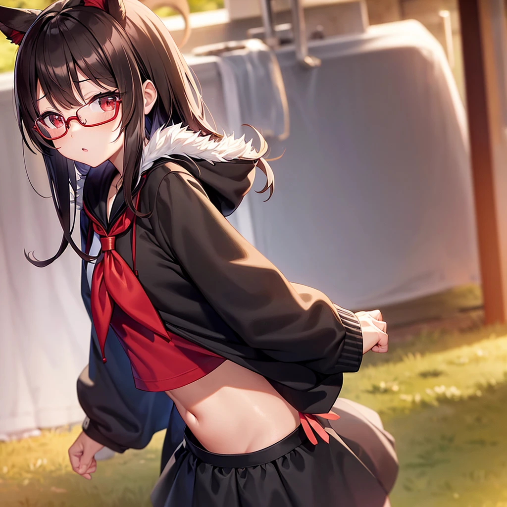 karakai jouzu no takagi-san, long hair, brown eyes, sailor suit, short sleeve,red neckerchief,serafuku, look up to, Perfect female body, woman, mature female, very short hair, hime cut, parted bangs, light brown hair, streaked hair, extremely beautiful detailed anime face and eyes, ,D, tareme, animal ears, ,p, large breasts, Bare navel, Red eyes, red bow, kunder-rim eyewear, fur trim, jacket|hoodie, black gauze skirt, black footwear, open jacket, aqua Clothes, dusk, dusk sky,