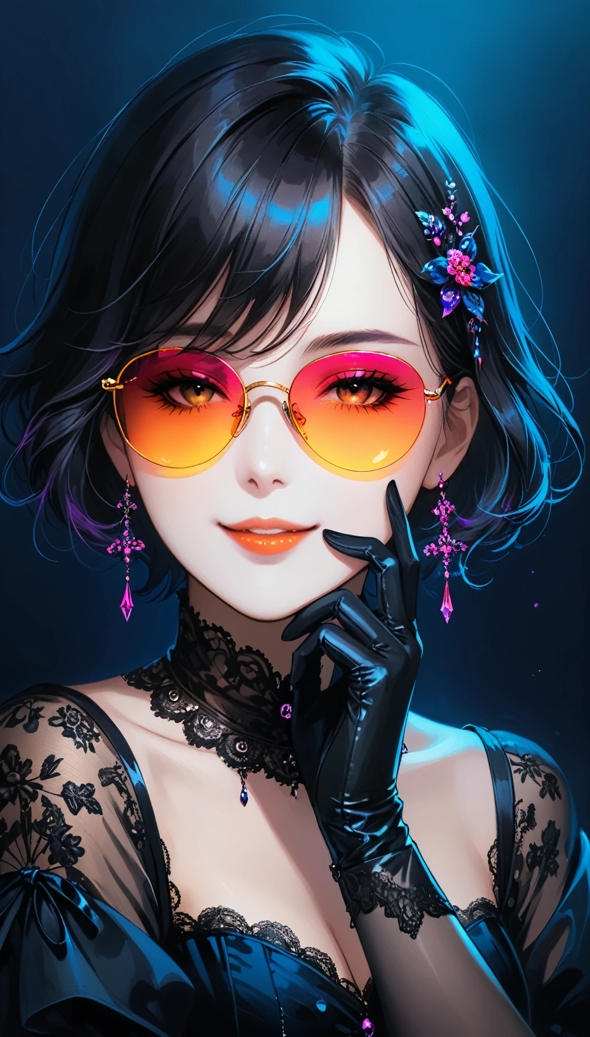 (in style of lvan Aivazovsky),1girl,short hair,Adjust your palm with your mouth,Silk gloves,完美Smile,Rimless sunglasses,Smile,portrait,Neon Gothic