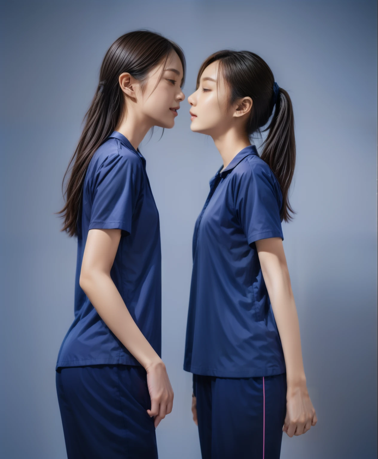 (best quality,10,10,height,Masterpiece:1.2),Special details,(realistic,ภาพrealistic,Realistic photos:1.37),1 Cute girl in the kitchen,shiny, ผิวshiny,only,smile softly,BDclothelue shirt:1.3)),short sleeve,shirt, กางเกงขาlong.,(navy_long_track pants:1.1), ((Kitchen Background)),Dynamic angle,excited,Face focus,dynamic poses,from behind,focus on ass,Masterpiece, best quality, ultra realistic, hyper detail, 8k resolution, raw photos, Sharp focus, ((Navy blue shirt:1.1)), short sleeve, เส้นทางlong, perfect body, 2 mature women, 18 years old, Cinema-grade lighting system,blue sweatpants,shirtผ้าออกกำลังกาย,correct anatomy,perfect body, correct body, Sharp face, correct bodyทางกายวิภาค, full body, realistic gestures, long-haired, realistic poses,Wear long shorts...........................,ช่วงขาlong,Good shape,carved girl, Slender figure, model, Good shape, beautiful body,blue sweatpants, two girls kissing