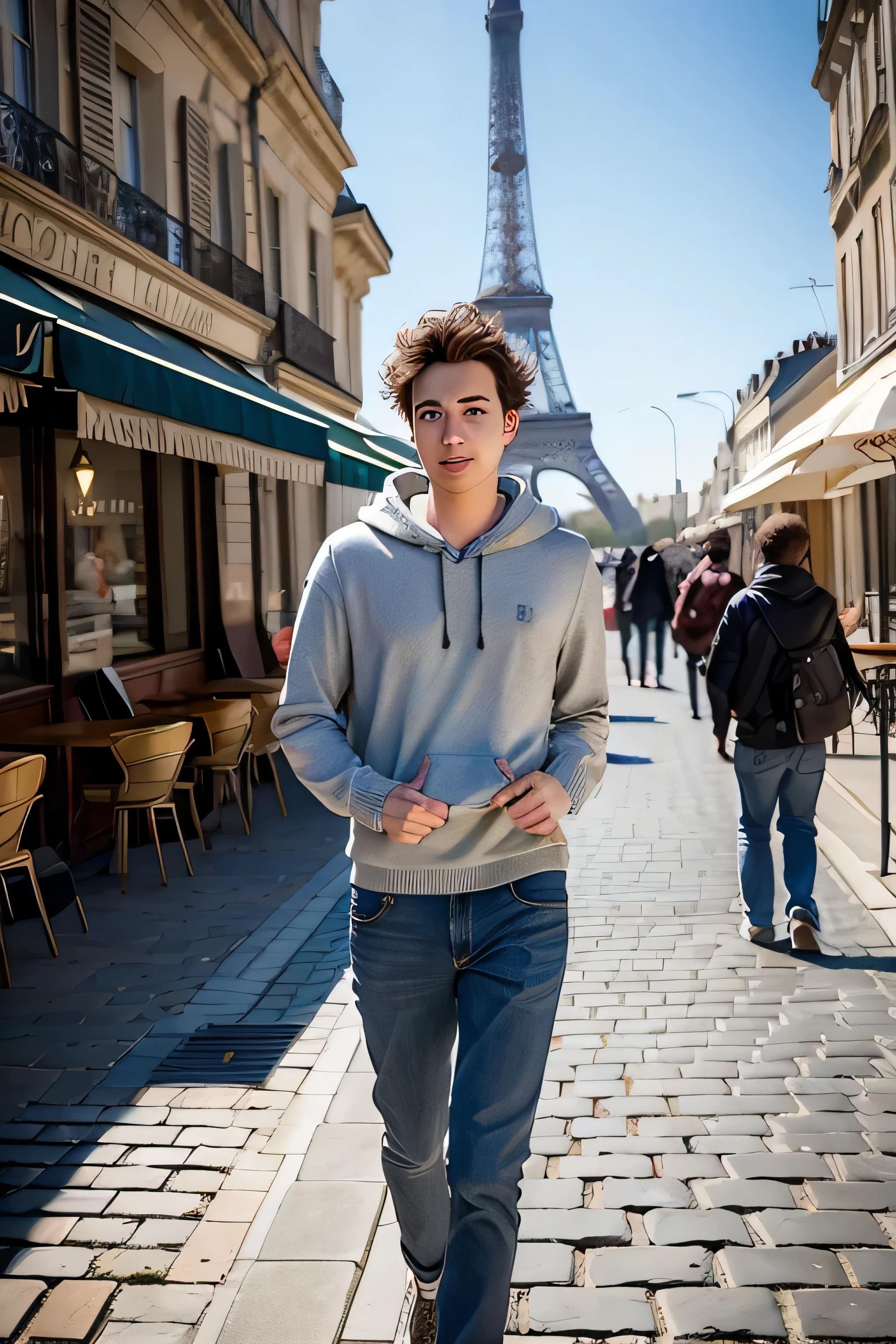 Generate a full-body portrait of a young man with short, styled dark hair, similar to the one in the reference image. He should be wearing a blue hoodie and exuding a casual, relaxed demeanor. The background should be an ultra-realistic scene of Paris, showcasing iconic landmarks such as the Eiffel Tower and the Seine River, with vibrant city life and classic Parisian architecture. Include details like cobblestone streets, people walking, and outdoor cafes. The lighting should reflect a clear day, with natural shadows and highlights to enhance the realism of the scene.
