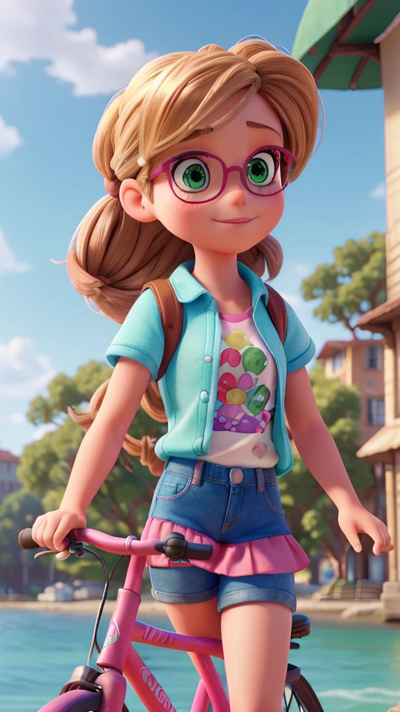 two girls riding a bicycle through a seaside city, one standing on the back of the bicycle, blonde hair, green eyes, wearing a pink glasses, denim shorts and a colorful t-shirt, the other girl steering the bicycle, 9 , brown hair in a ponytail, wearing a colorful dress, detailed faces, realistic, photorealistic, high resolution, vibrant colors, warm lighting, beautiful scenery, coastal city, detailed environment, (best quality,4k,8k,highres,masterpiece:1.2),ultra-detailed,(realistic,photorealistic,photo-realistic:1.37),HDR,UHD,studio lighting,professional,vivid colors,bokeh