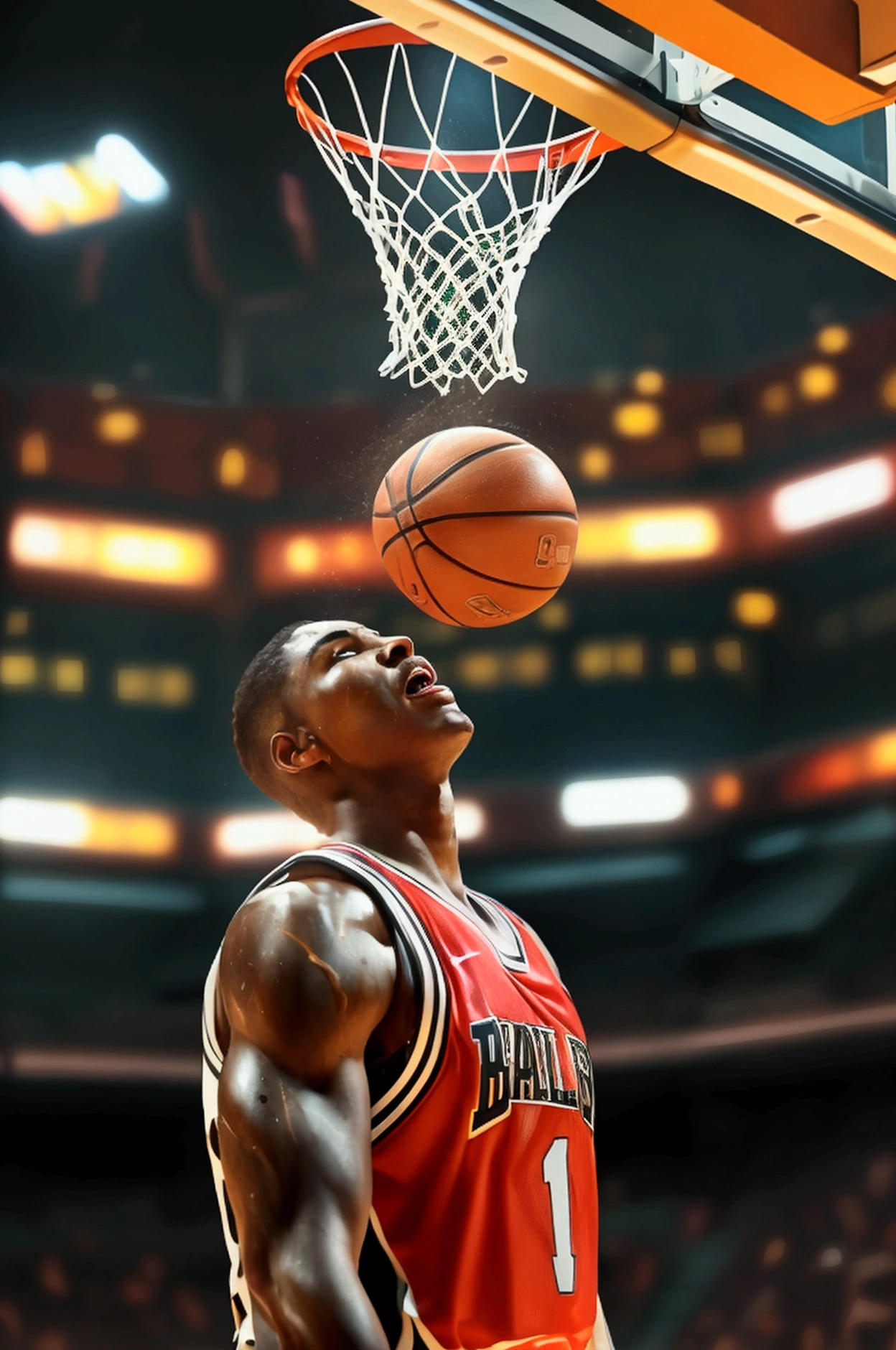 Ultra-realism, Detailed and realistic skin texture, Detailed and intricate texture, Detailed and intricate brushwork, Detailed and clear depiction, Anatomically correct, Absurd aesthetics, BREAK Back view, Basketball game, A spectacular dunk, Sweat all over, Expression of pleasure, aesthetic, sense of superiority, Charm, confidence, Fascinating, Alluring, adult, sexy, BREAK A Bold Perspective, Inspiring composition, Backlight, A dark background that makes the subject stand out, dramatic cinematographic lighting, Transparent Full color, Dynamic shot, (shot from above:1.3), BREAK Re-drawing into a clear and vivid work, highest quality render, Highest quality, Highest Resolution,