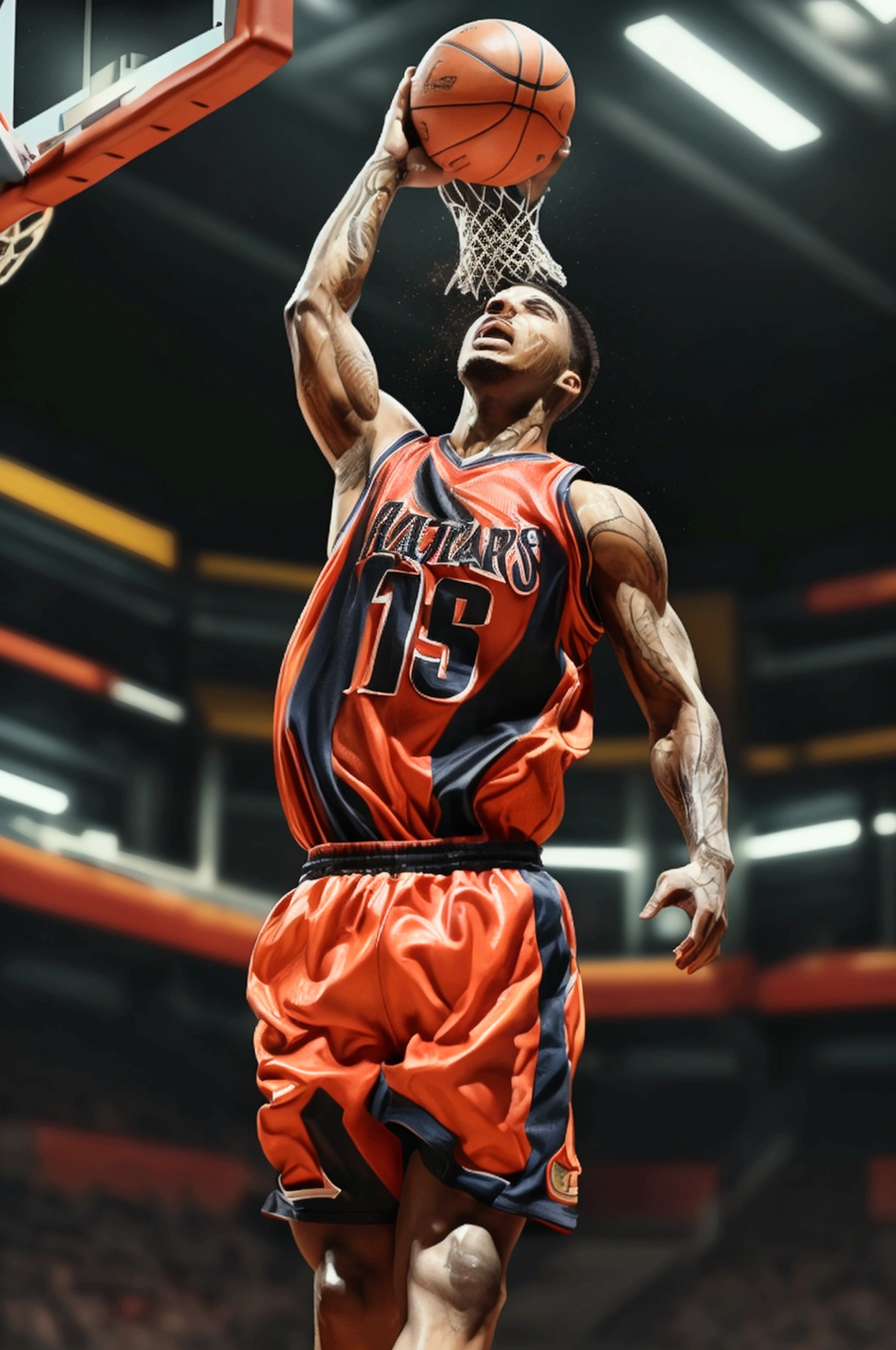 Ultra-realism, Detailed and realistic skin texture, Detailed and intricate texture, Detailed and intricate brushwork, Detailed and clear depiction, Anatomically correct, Absurd aesthetics, BREAK Back view, Basketball game, A spectacular dunk, Sweat all over, Expression of pleasure, aesthetic, sense of superiority, Charm, confidence, Fascinating, Alluring, adult, sexy, BREAK A Bold Perspective, Inspiring composition, Backlight, A dark background that makes the subject stand out, dramatic cinematographic lighting, Transparent Full color, Dynamic shot, (shot from above:1.3), BREAK Re-drawing into a clear and vivid work, highest quality render, Highest quality, Highest Resolution,