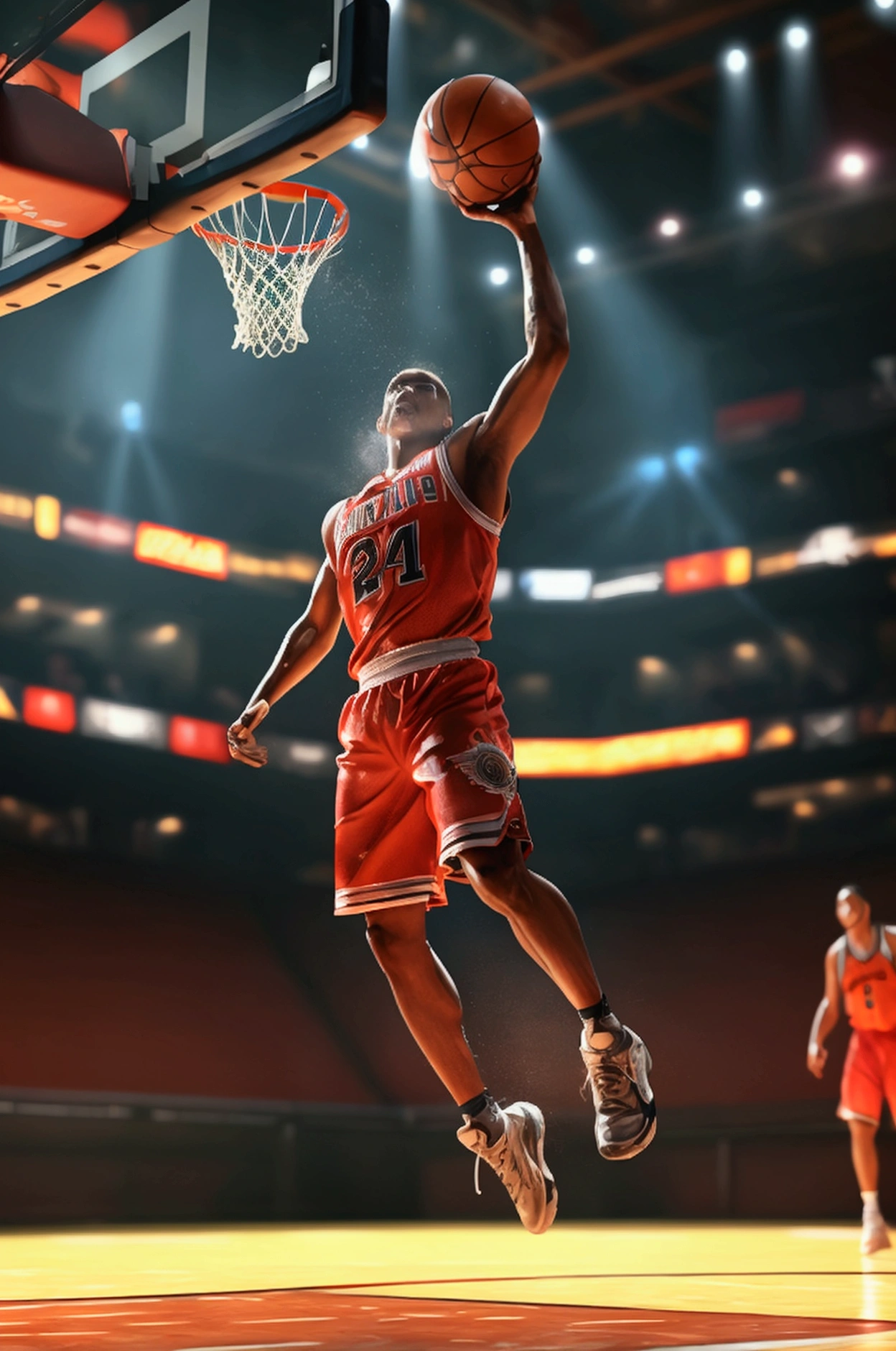 Ultra-realism, Detailed and realistic skin texture, Detailed and intricate texture, Detailed and intricate brushwork, Detailed and clear depiction, Anatomically correct, Absurd aesthetics, BREAK Back view, Basketball game, A spectacular dunk, Sweat all over, Expression of pleasure, aesthetic, sense of superiority, Charm, confidence, Fascinating, Alluring, adult, sexy, BREAK A Bold Perspective, Inspiring composition, Backlight, A dark background that makes the subject stand out, dramatic cinematographic lighting, Transparent Full color, Dynamic shot, (shot from above:1.3), BREAK Re-drawing into a clear and vivid work, highest quality render, Highest quality, Highest Resolution,