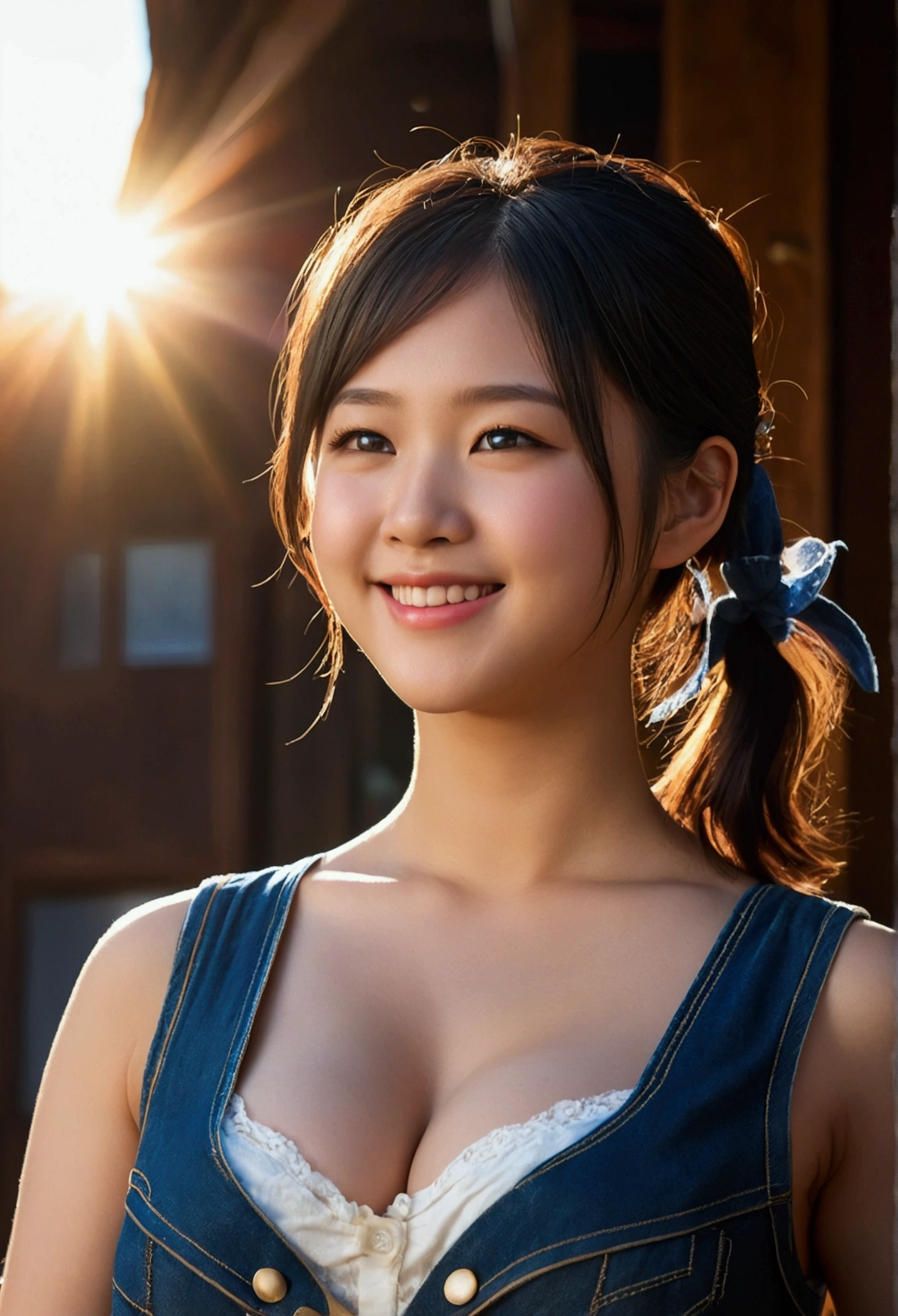 (Highest quality,masterpiece:1.3,Ultra-high resolution),(Very detailed,Caustics,8k),(Realistic:1.4,RAW shooting),1 girl,(Smiling and looking down at the camera),(Front shot:1.1),(Look forward),18-year-old,cute,Japanese,Black short ponytail,,glamorous,(Big Breasts),( close),(breast focus),street,sunlight,Natural light,(Backlight),(A bright light shines from behind),(Lens flare),Professional Writing,(Cowboy Shot),(Low position:1.3),(Low Angle:1.3)