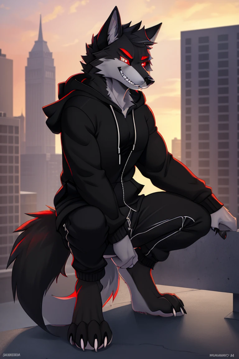 (4k , ultra detailed , flat colored)Furry werewolf , black wolf，Wear a black zip up hoodie，((hoodie is open)) , dark grey pants , wolf feet , wolf tail , 1tail , tail on waist , malicious grin , blood red eyes , crouching over a building ledge 