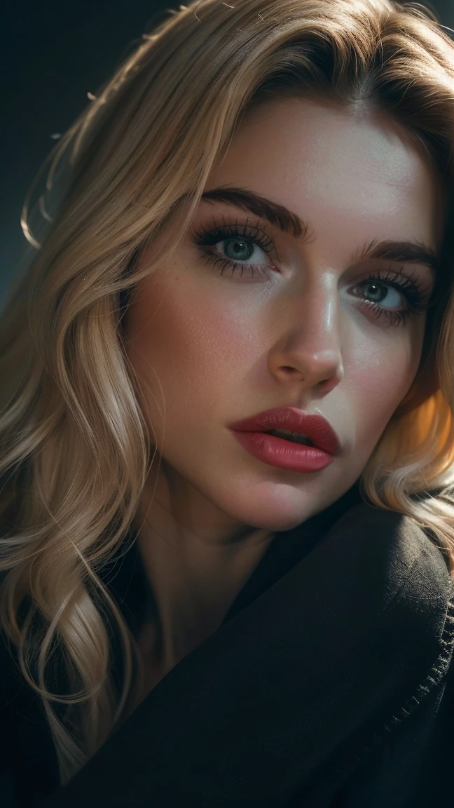 (((ultra realistic))) Photo, masterpiece, top quality, (pale skin), (Ultra detailed face and eyes:1.1), 1 girl, Adult, deep neckline, (Eye makeup, mascara) , ((large detailed lips)), ((blonde wavy hair)), ((Chyolka)) , ((Natural breasts)). ((Posing)), photoshoot, studio ((contour light)), (The play of light and shadows), depth of field, bokeh, (special attention to skin detail: 1.2), (Cold atmosphere of the frame, Bright colors, Colours black), ((portrait, close to the camera)) , ultra detialed,