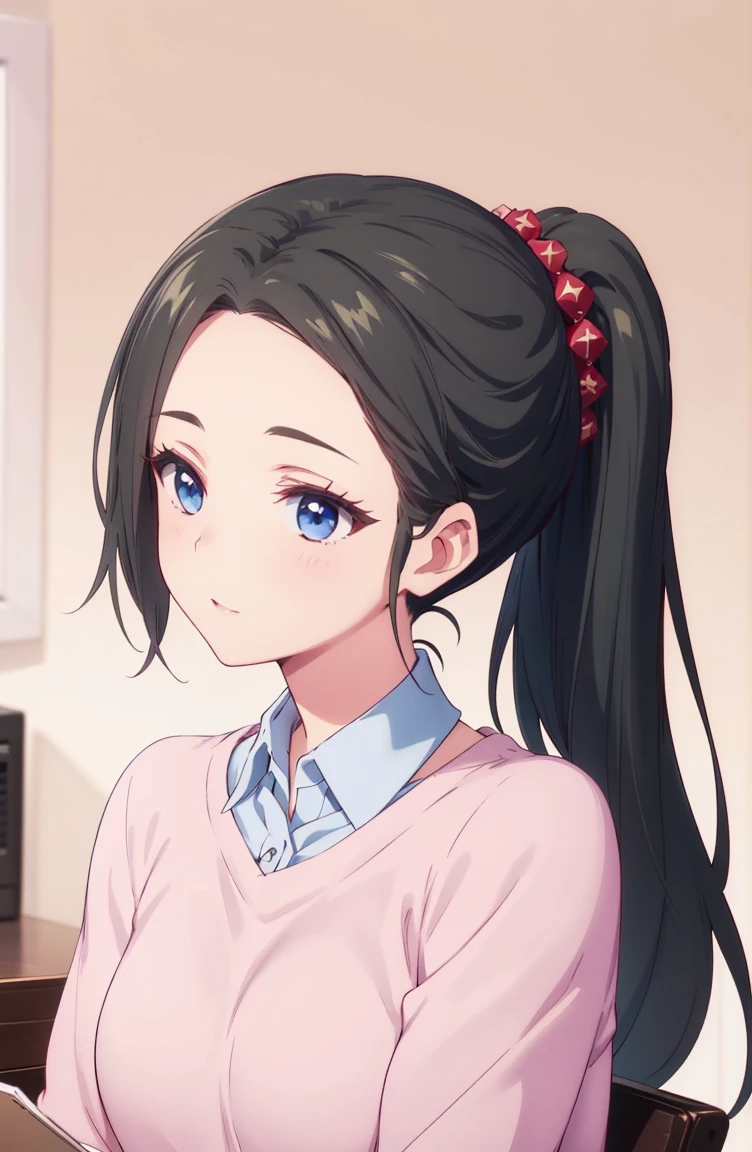haruhiko_ichijou_mother,
long hair,
black hair,
Blue eyes,
ponytail,
sweater,(masterpiece, best quality)