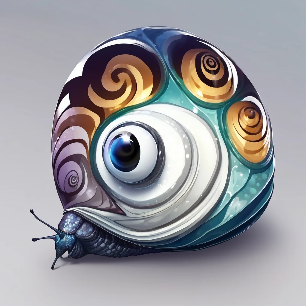 Isometric view, Dark fantasy anime style, beautiful stylized digital painting of a Jewel-like mono eye snail creature, simple shape, white background