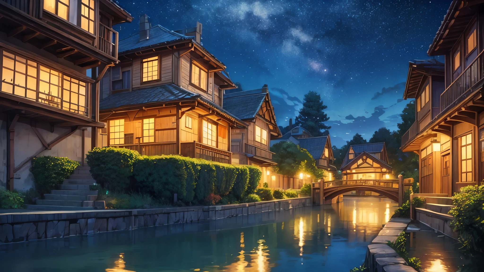 cover to listen to music, studio Ghibli or Lofi illustrations, relaxing landscape of cities at night with starry sky
