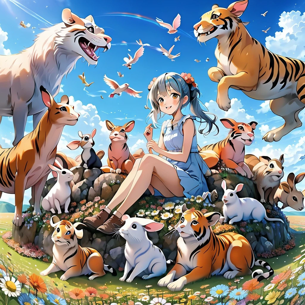 Anime girl sitting surrounded by animals in a flower field under a blue sky, Light blue long hair、Twin tails 、Bright smile、Tiger　dragon　mouse or rat　ox　Rabbit　snake　sheep　dog　pig　monkey　bird horse　Anime fantasy illustration, 