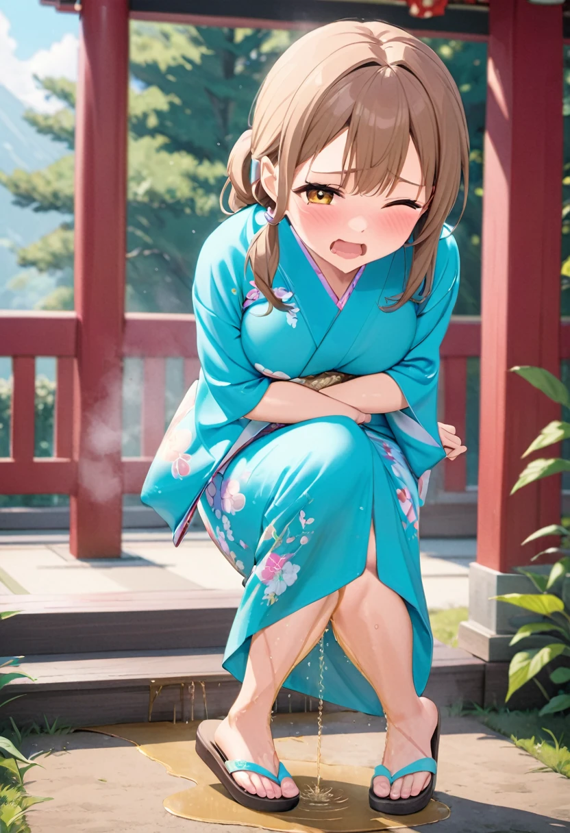 nsfw, (masterpiece, top quality, best quality, highly detailed:1.6), extremely detailed CG unity 8k wallpaper, (standing), (woman standing on the shrine, outdoor, Pastel Colors kimono:1.6), ((Maxi Length)), (leaning forward,close knees, hands between legs, pee running down legs:2), (((clutching crotch))), strong facial expression, (sharp eye:1.2), (scowl:1.1), (embarrassed,blush:1.3), (steam:1.9), (wet:1.1), (sweat:1.1), (trembling:1.3), (open mouth, wavy mouth:1.4), (harf open eyes:1.5), (feeling weak:1.5), (one eye closed, wink), (shoot from front, looking at viewer:1.2), round glasses, Sandals, (long hair, Brown hair, low ponytail:1.4), (woman trembling with sexual climax:1.5), colorful, full body, wide shot, perfect composition, (Crossing legs, Touching the crotch:1.7), urination, incontinence, piss, peeing self, A lot of pee, pee running down legs, (((pee stream))), (pee puddle), wetting herself, peeing, blush, trembling, embarrassed, large breasts, Yellow pee, ((leaking pee)), Shaking one's shoulders, Breaking a sweat on forehead, puddle of pee, Pee at your feet, Pee spread on the floor, (Pee stains), Feet wet from pee, Pee-covered feet, Pee at your feet, want to pee, about to pee, Full bladder, Pee-soaked kimono, Pee-soaked ankle socks, Pee-soaked sandasls, natural makeup,