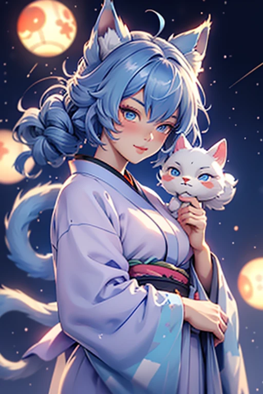 High quality, beautyfull girl, masterpiece, starry hair,blue hair, sparkle eyes, kimono clothes, cat tail,cat ears, japanese girl, aesthetic, very cute, 8k, kitsune mask, starry sky, glow hair, perfect face, night