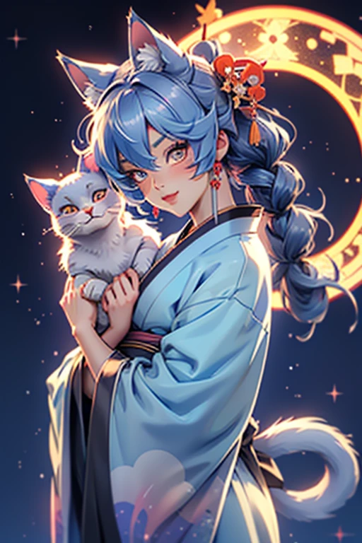 High quality, beautyfull girl, masterpiece, starry hair,blue hair, sparkle eyes, kimono clothes, cat tail,cat ears, japanese girl, aesthetic, very cute, 8k, kitsune mask, starry sky, glow hair, perfect face, night 