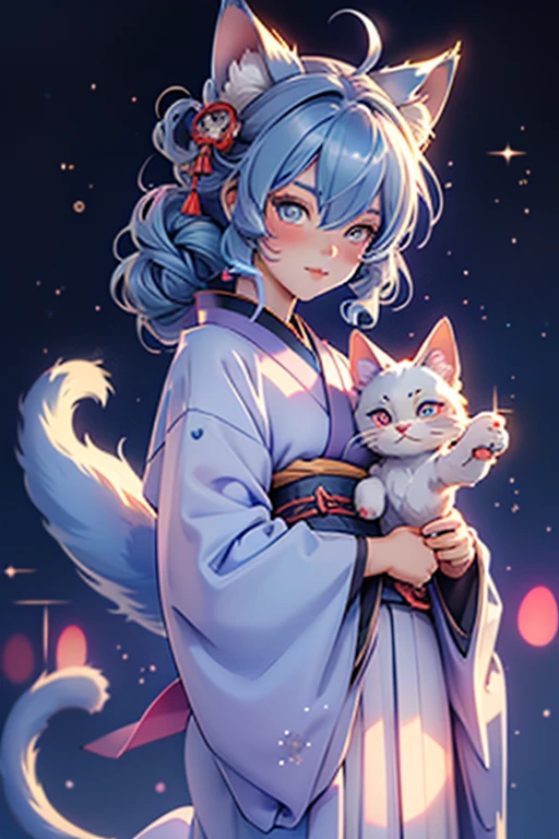 High quality, beautyfull girl, masterpiece, starry hair,blue hair, sparkle eyes, kimono clothes, cat tail,cat ears, japanese girl, aesthetic, very cute, 8k, kitsune mask, starry sky, glow hair, perfect face, night 