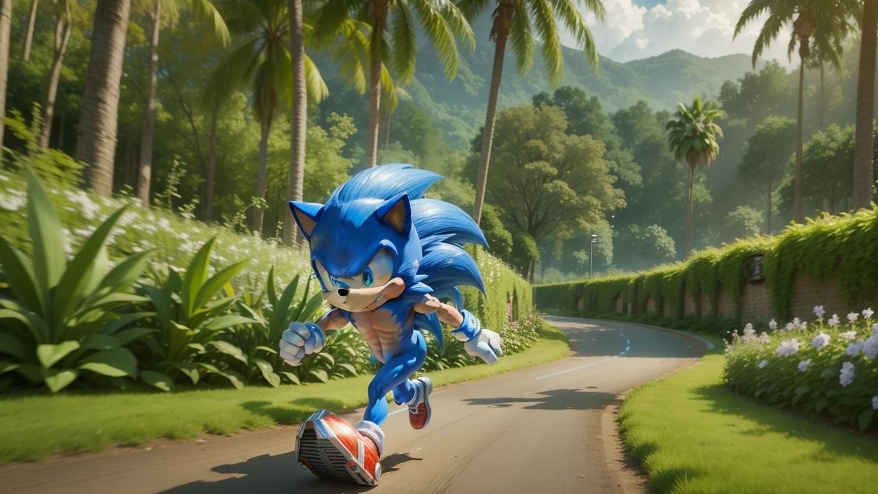 Masterpiece artwork, muscular sonic running through the spring yard zone, 8k, with blue rays, cinematic, realisitic, shine light, facing-camera, neon blue blinking eyes