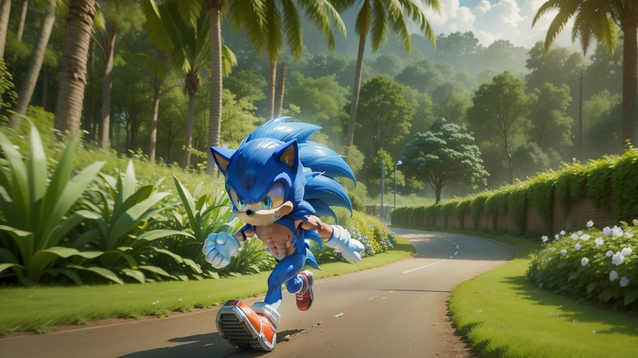 Masterpiece artwork, muscular sonic running through the spring yard zone, 8k, with blue rays, cinematic, realisitic, shine light, facing-camera, neon blue blinking eyes