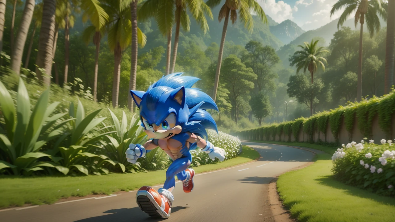 Masterpiece artwork, muscular sonic running through the spring yard zone, 8k, with blue rays, cinematic, realisitic, shine light, facing-camera, neon blue blinking eyes