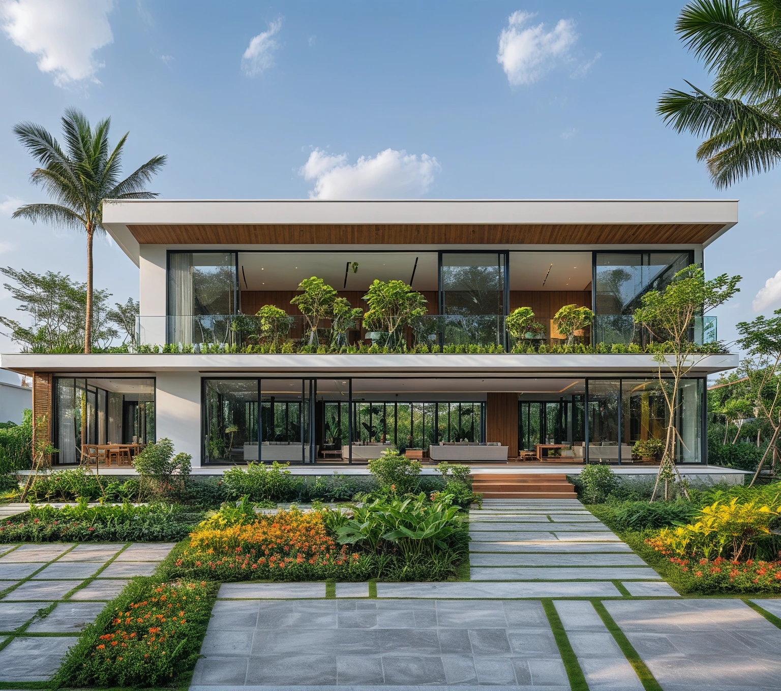 A hyper-realistic , a modern one-story house with a minimalist design, (very small house: 1.2) ,((with a facade less than 4 meters wide:1.2)), white and glass materials, wood, The house has a flat roof, large floor-to-ceiling glass windows, The garden includes various tropical plants and trees. (house as the showroom mini furniture:1.2), front view, elevation view