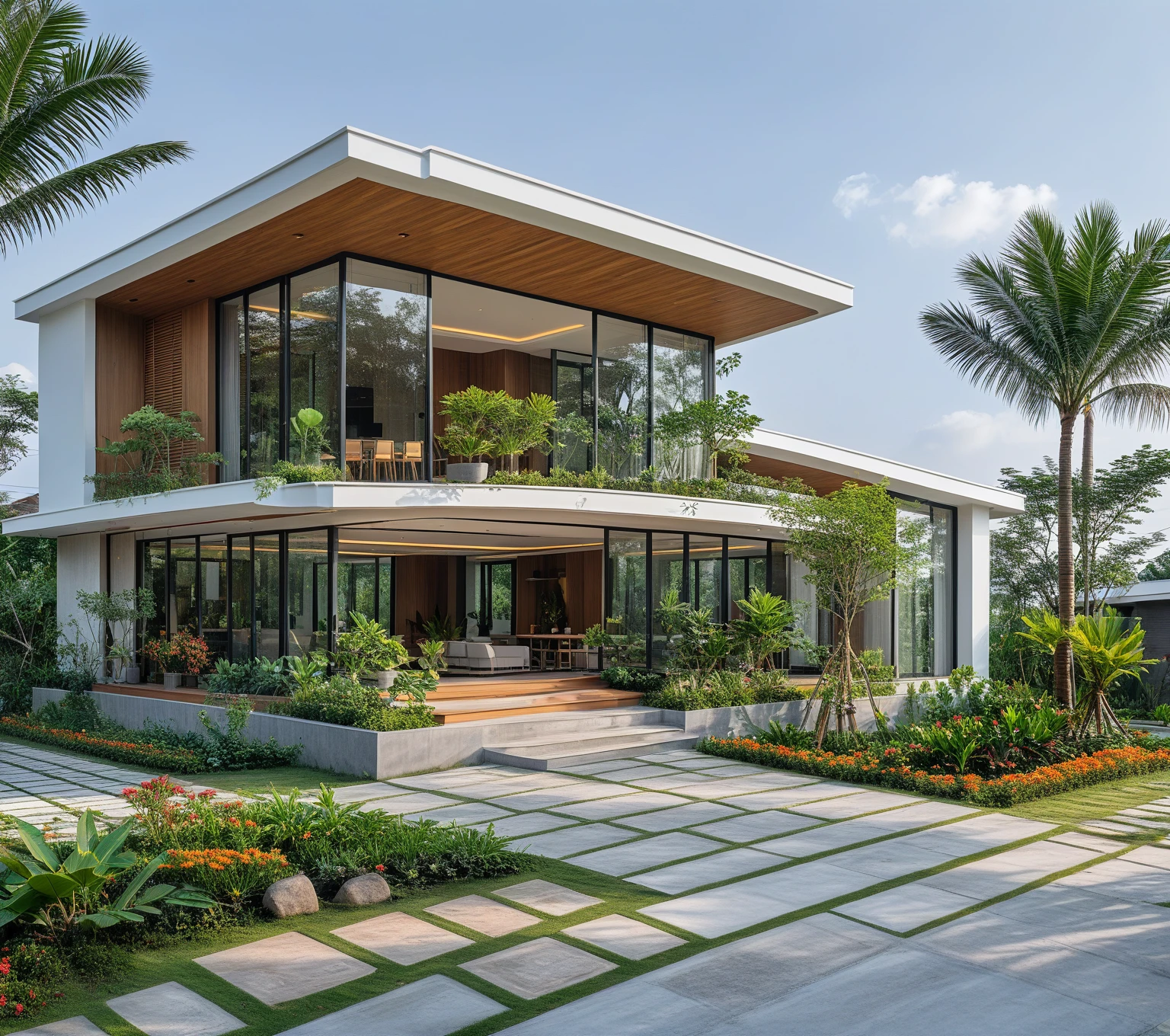 A hyper-realistic , a modern one-story house with a minimalist design, (very small house: 1.2) ,((with a facade less than 4 meters wide:1.2)), white and glass materials, wood,  The house has a flat roof, large floor-to-ceiling glass windows, The garden includes various tropical plants and trees. (house as the showroom mini furniture:1.2), front view, elevation view