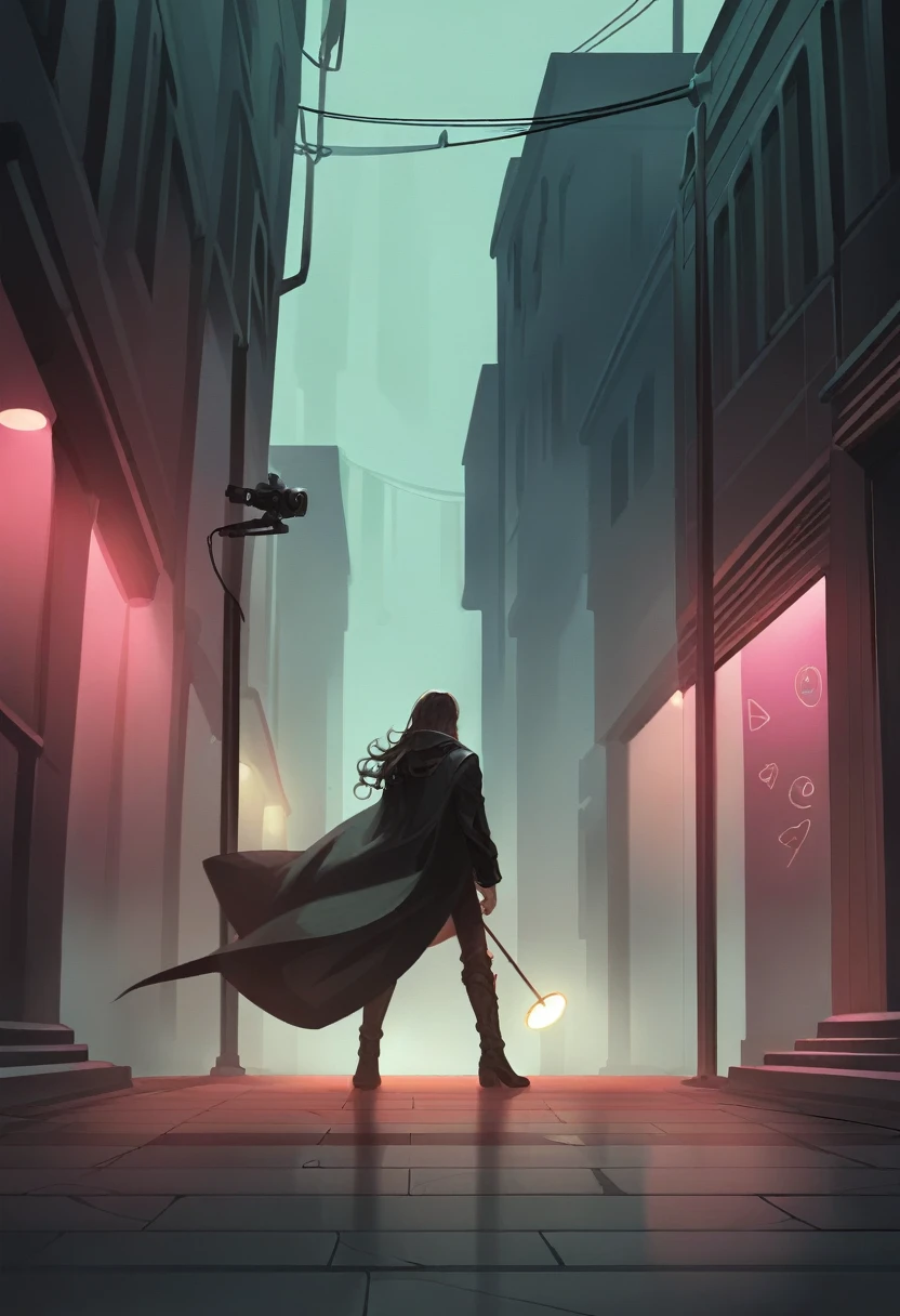 In a dimly lit alley, a mysterious figure in a sleek black coat stands amidst neon lights and swirling fog, casting a spell that shimmers like stardust. The main subject is a shadowy sorcerer performing an otherworldly incantation. The scene is depicted in a beautifully detailed digital painting, showcasing the intricate textures and dramatic lighting. Every detail is meticulously crafted, from the figure's flowing hair to the mystical runes inscribed on the ground. The atmosphere is both enchanting and foreboding, drawing viewers into a world of magic and mystery.