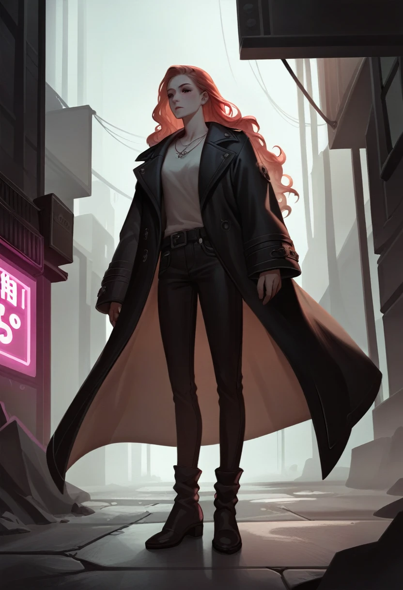 In a dimly lit alley, a mysterious figure in a sleek black coat stands amidst neon lights and swirling fog, casting a spell that shimmers like stardust. The main subject is a shadowy sorcerer performing an otherworldly incantation. The scene is depicted in a beautifully detailed digital painting, showcasing the intricate textures and dramatic lighting. Every detail is meticulously crafted, from the figure's flowing hair to the mystical runes inscribed on the ground. The atmosphere is both enchanting and foreboding, drawing viewers into a world of magic and mystery.