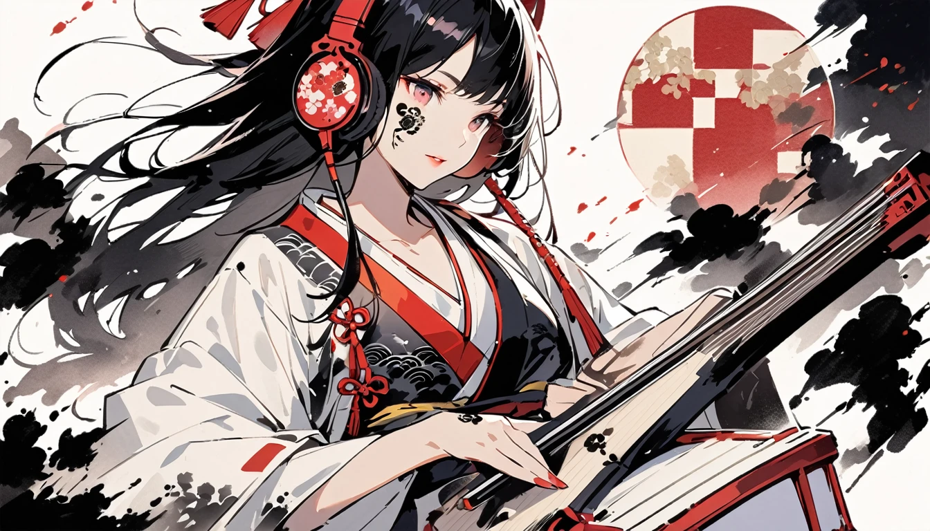 (((Ink Painting))), ((Japanese style headphones)), (((Japanese pattern tattoo on face))), Gorgeous hair accessories, Japan shamisen, Black Hair, Beautiful Japanese Women
