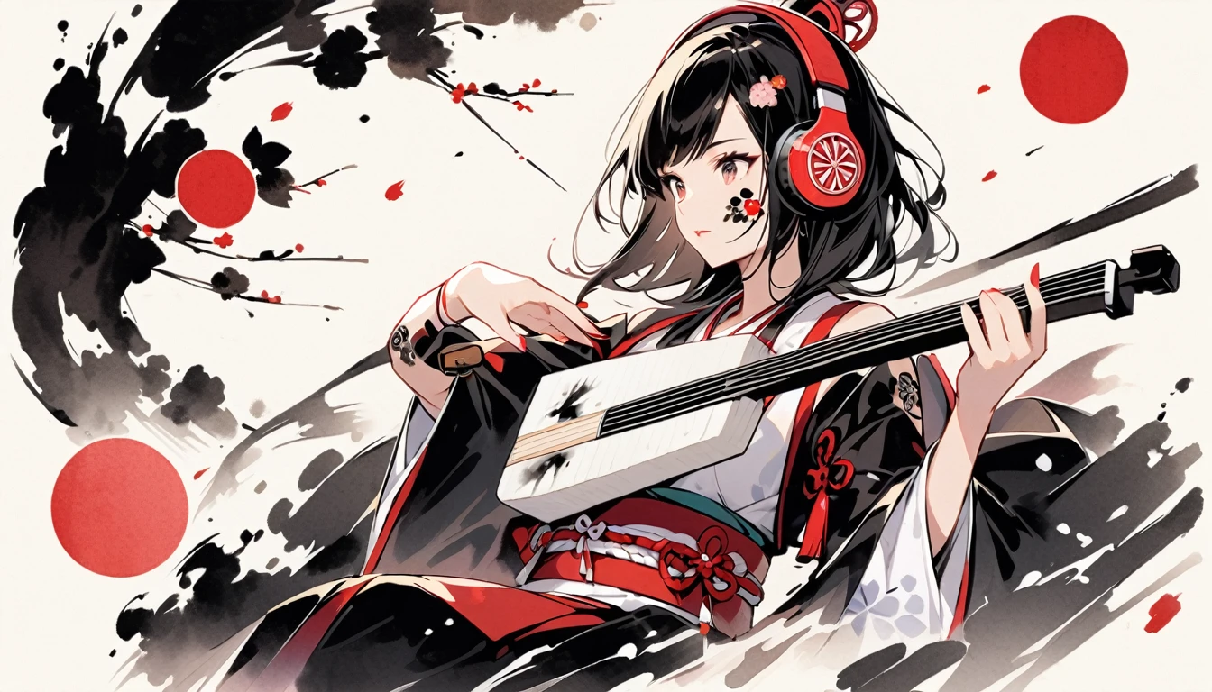 (((Ink Painting))), ((Japanese style headphones)), (((Japanese pattern tattoo on face))), Gorgeous hair accessories, Japan shamisen, Black Hair, Beautiful Japanese Women