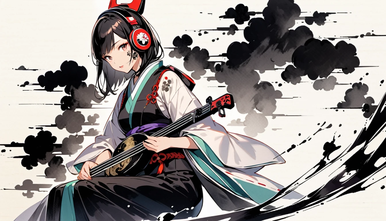 (((Ink Painting))), ((Japanese style headphones)), (((Japanese pattern tattoo on face))), Gorgeous hair accessories, Japan shamisen, Black Hair, Beautiful Japanese Women