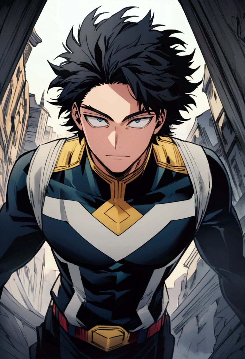 He is 22 year old teenager, He has slightly disheveled very black hair..., somewhat light blue eyes, , muscular body , sexy face, He is dressed in the anime male uniform "my hero academia", detailed face, bright blue eyes