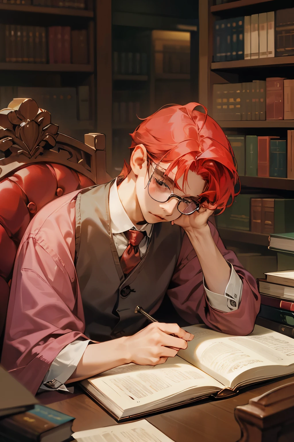 A boy with vibrant red hair, sporting a pair of round spectacles, is engrossed in a captivating book, his nose buried deep within the pages, oblivious to the world around him, nestled comfortably in his favorite corner chair, surrounded by towering stacks of books, his pink shirt slightly rumpled, a testament to his love for knowledge and the comfort of solitude.