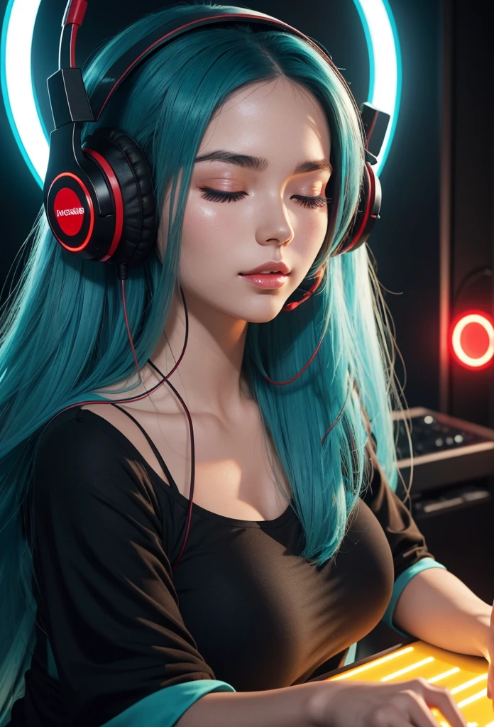 Close-up of a beautiful girl with eyes closed in satisfaction very long eyelashes with thick split lips bright turquoise hair big breasts wearing a tight black top, He is listening to music with his headphones, on a stage of very bright red and yellow LED lights with blur, very perfect and detailed high resolution image((Perfect face)
