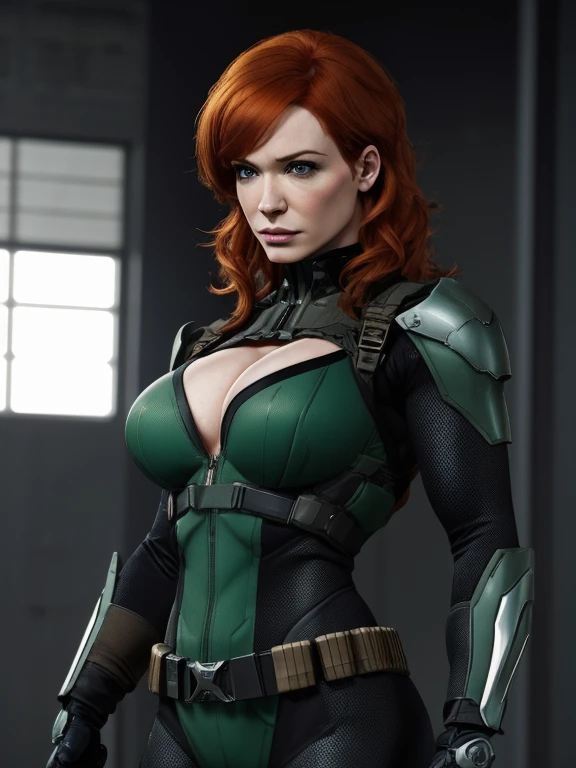 Imagine Christina Hendricks as a Metal Gear Solid character, powerful female character, short wavy orange hair and bright blue eyes, 48 years old, high-quality face study of Christina Hendricks, intricate high-quality study of Christina Hendricks voluptuous physique, striking and mature facial features, agile and athletic build, (Wearing: Fingerless Gloves, skin-tight suit, black and green stealth suit, cleavage cutout, utility belt, metallic armlets, armored boots, gun holsters), The suit is so tight that Christina Hendricks breasts barely fit in it, The suit emphasizes her stealth and combat prowess. Stealthy and formidable presence of the character, hyper-realistic rendering to capture every minute detail, showcasing the mastery of digital portrait artistry, ultimate photorealistic quality, highly detailed facial expression showcasing the determination and strategy of the character, subtle hints of high-tech and militaristic elements reflecting the true essence of the Metal Gear Solid universe, vibrant colors with deep gray’s and contrasting cool tones, creating a visually striking and captivating portrait.
