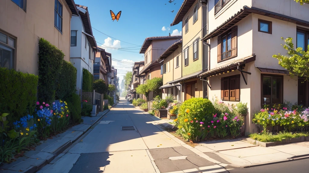 neighborhood with many flower beds, shot from the street, walking a cat and flying butterflies
