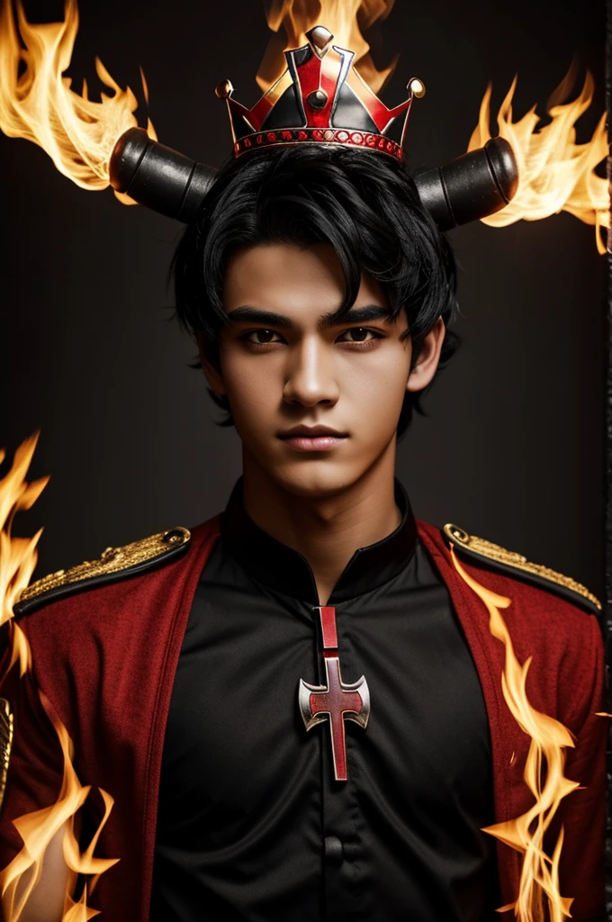 teenage men,black hair,red eyes,handsome,High quality,black dress,cross,black horn,The crown has colorful flames.