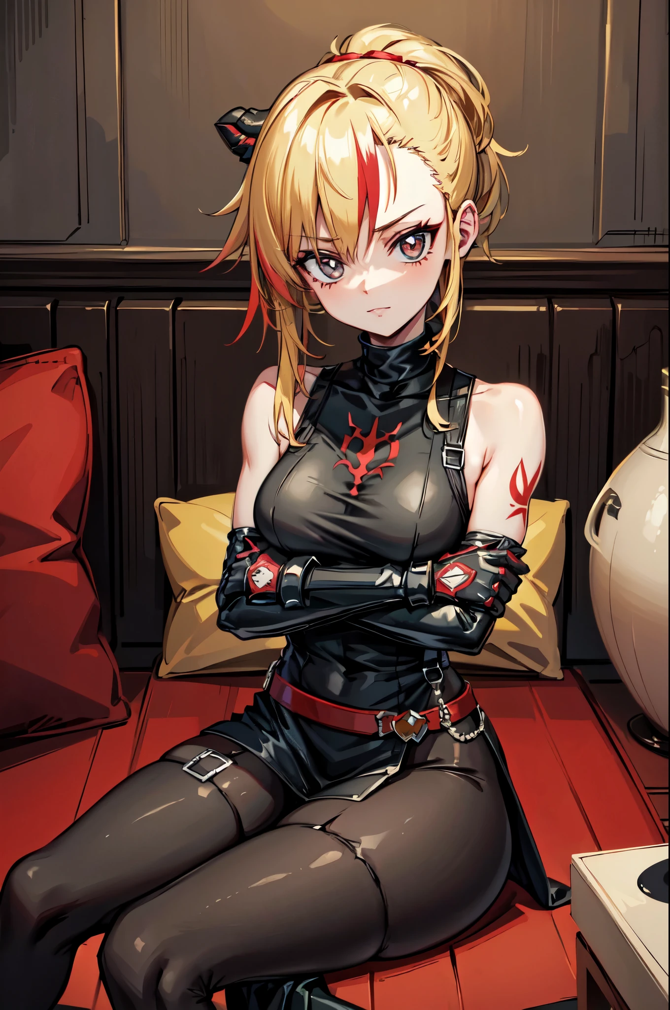 (masterpiece, best quality:1.2), red glowing eyes, red eyes, the eyes are red, perfect face, strong make up, highres, 1 girl, ultra long ponytail, (female:1.5), strife, blonde hair streaked with lots of red highlights, two colors hair (blond and red), hight flame mistress outfit, shoulder armor, sleeveless turtleneck, suspenders, belt, gloves, bracer pre potent smile, crossing legs, crossing arms , evil smile, evil pose, sitting, portrait, looking at viewer, Her hair is streaked with lots red and blonde highlights, moon tribal tattoo.