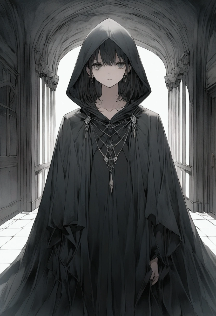 a black cape with a hood from which white triangles protrude from the edge of the hood without details and does not reveal what is underneath anime style in the hallway of a very very dark school ( only the layer that does not show what I left there)