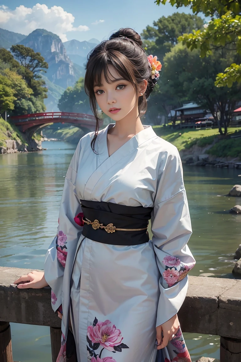 (Highest quality、 8k 、masterpiece、High resolution)、(whole body)、Vibrant colors、Brown-black bob、Traditional round topknot、Ample breasts、(Highly detailed face and eyes、Beautiful Face、Beautiful Eyes、Beautiful nose、Pretty lips)、 (Beautiful woman standing on a riverside observation deck)、(Vivid floral patterned kimono)、Official Art、  The background is a wide river、Nearby bridge、Riverside streetscape、Mountains in the distance、Detailed CG、