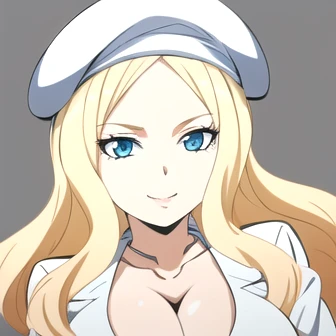 best quality, ultra high res, 1girl, IrinaJelaviÄR4, blonde hair, long hair, blue eyes, simple background, big breasts, cleavage, white suit, necklace, white skirt, bracelets, (white beret), white hat, jewelry, smile, look at the viewer