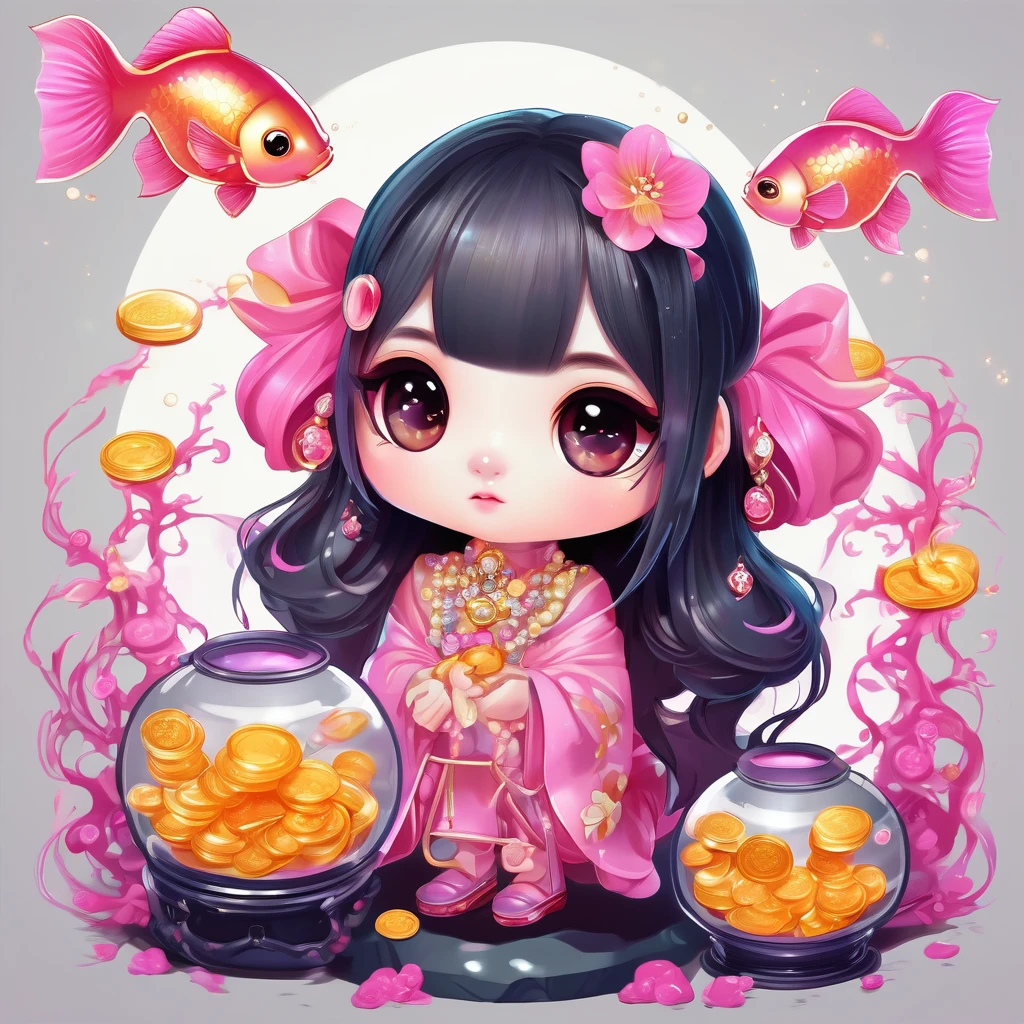 Isometric view, Dark fantasy anime style, beautiful stylized digital painting of a kawaii, chibi, pink goldfish creature with Goldfish bowls, gold coins, jewelry, handbags, simple shape, white background
