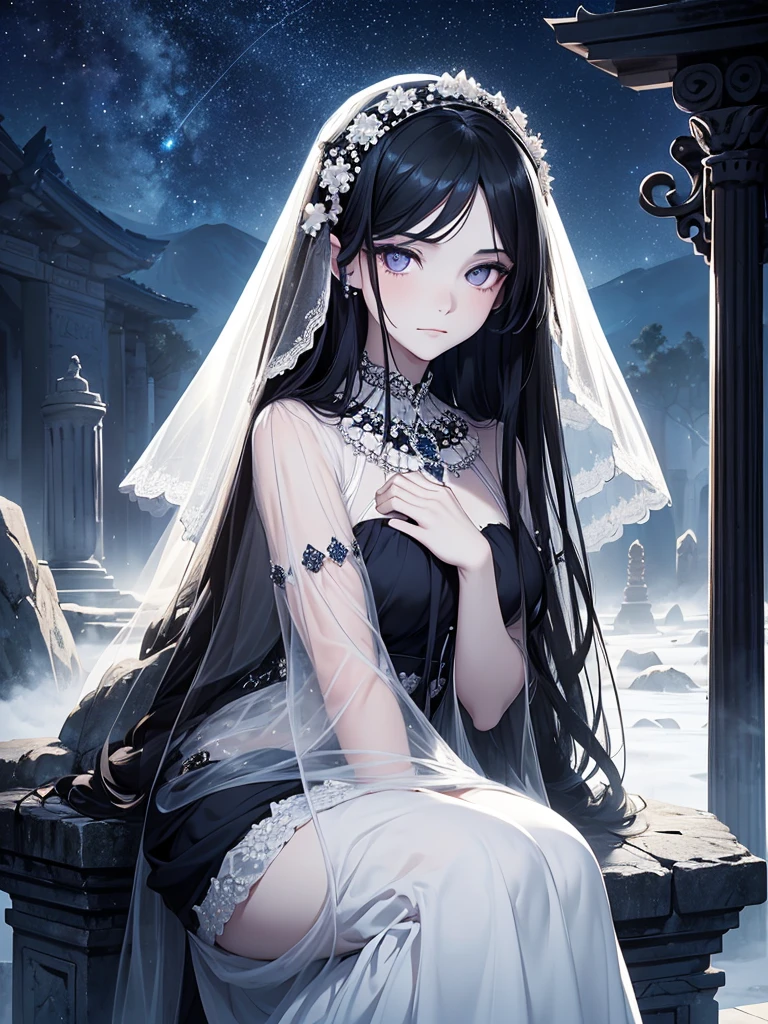 Beautiful, majestic, melancholic, en face, woman, solo-girl, long black hair, pale white skin, (indigo eyes:1.3), narrow eyes, sly smile, (dark blue starry dress:1.1), (black and white veil:1.3), sitting on a stone pillar, dark ancient temple in background, rays of moonlight