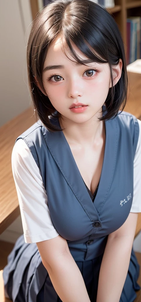 (1 nogizaka girl,15years old face,raw photo,photo realistic:1.5),(best quality, high quality,HDR, highest quality,ultra high resolution,high resolution,high res,ultra high difinition,huge file size,8K,2K wallpaper,8K wallpaper,high quality texture,amazing,an extremely delicate:1.4),one girl, Japanese famous idol,cute face,small face,absurd,ridiculous,incredibly ridiculous,blurry background,(school uniform,sailor suit,shoot from above,short hair,cleavage,no makeup:1.2),medium skin,beautiful skin,detailed skin,black hair,silky hair,black eyes,Japanese nose,5-fingers,(Light Particles, Lens Flare, Luminous Particles: 0.7),looking at viewer,small hands,bright lighting,professional lighting,girl